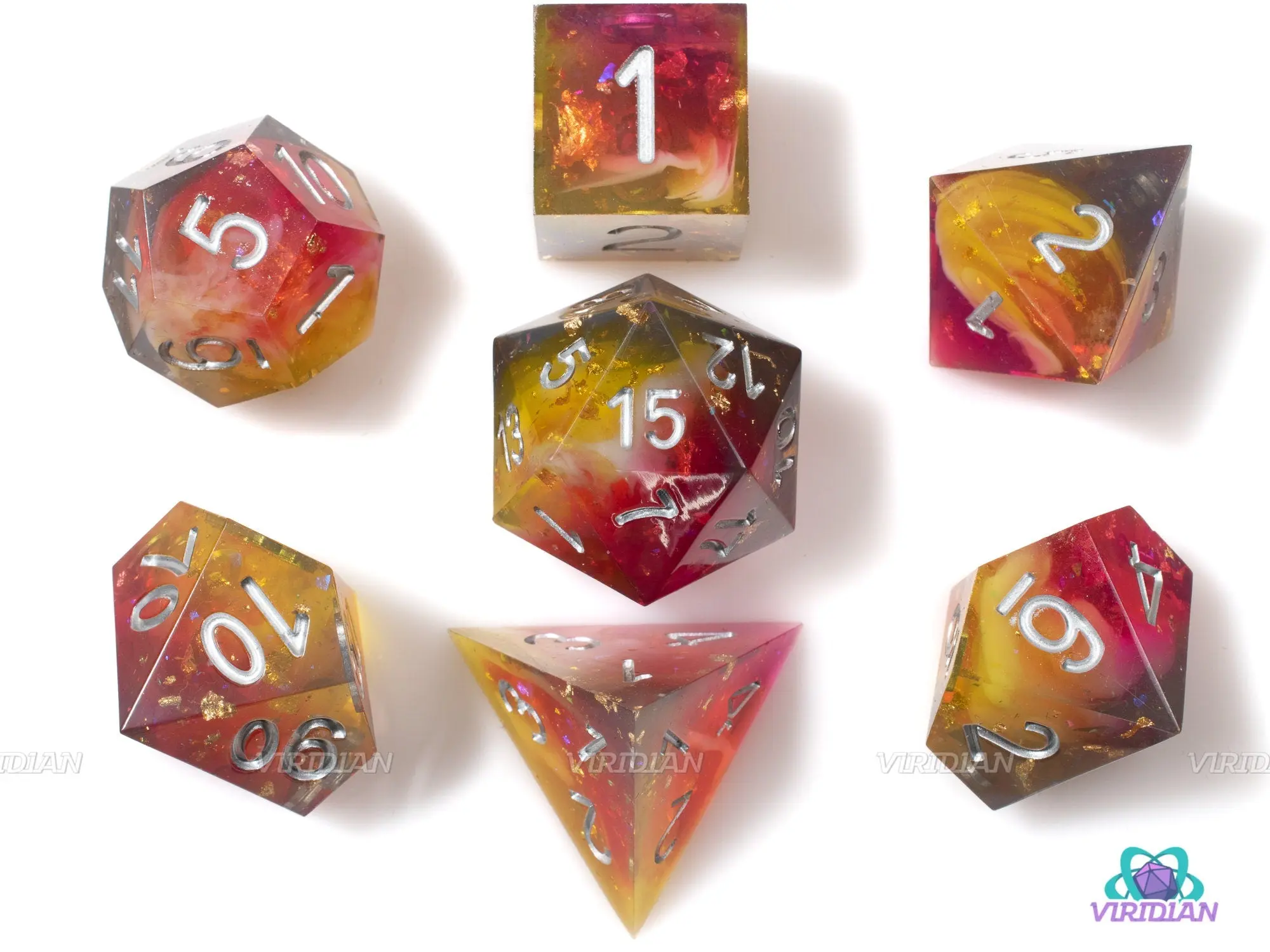 Delicious Pie +1 | Sharp-Edged w/ Foil | Pink, Yellow Translucent, Glittery Resin Dice Set (7)