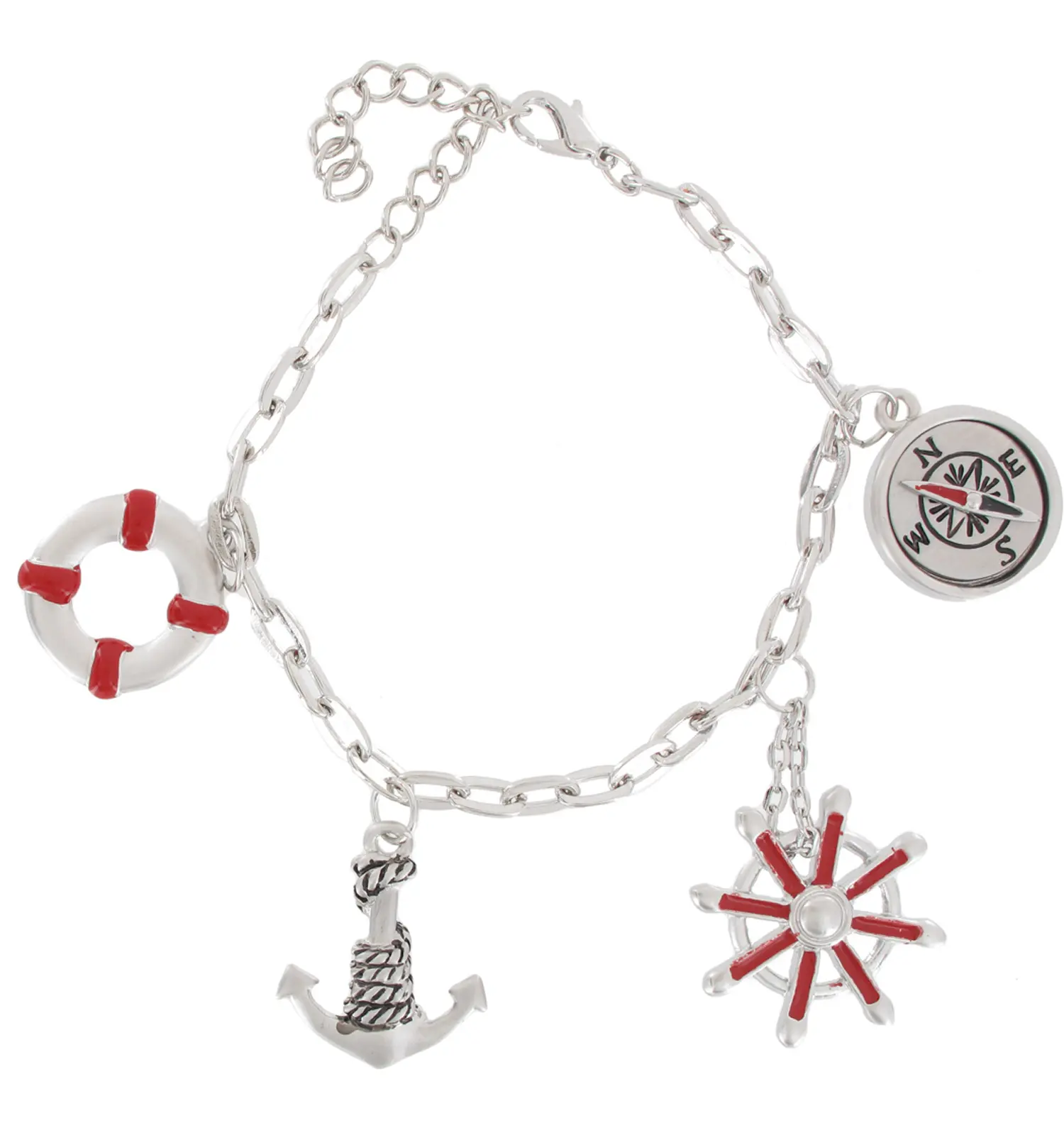 Nautical Themed Charm Bracelet with Anchor Compass Life Preserver Captains Wheel Charms, Adjustable Length, Womens Fashion Jewelry