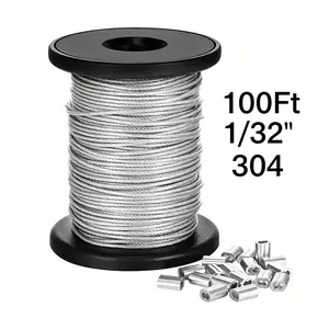 304 Stainless Steel Cable, 100FT 1/32IN Wire Rope with 20Pcs Aluminum Sleeves Stops, for String Lights Hanging, Clotheslines, Trellis Wire