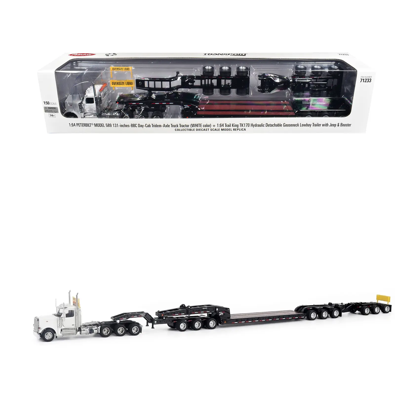 Peterbilt 589 Tridem-Axle w/Cab and Hydraulic Detachable Trailer w/Jeep & Booster White 1/64 Diecast Model by Diecast Masters