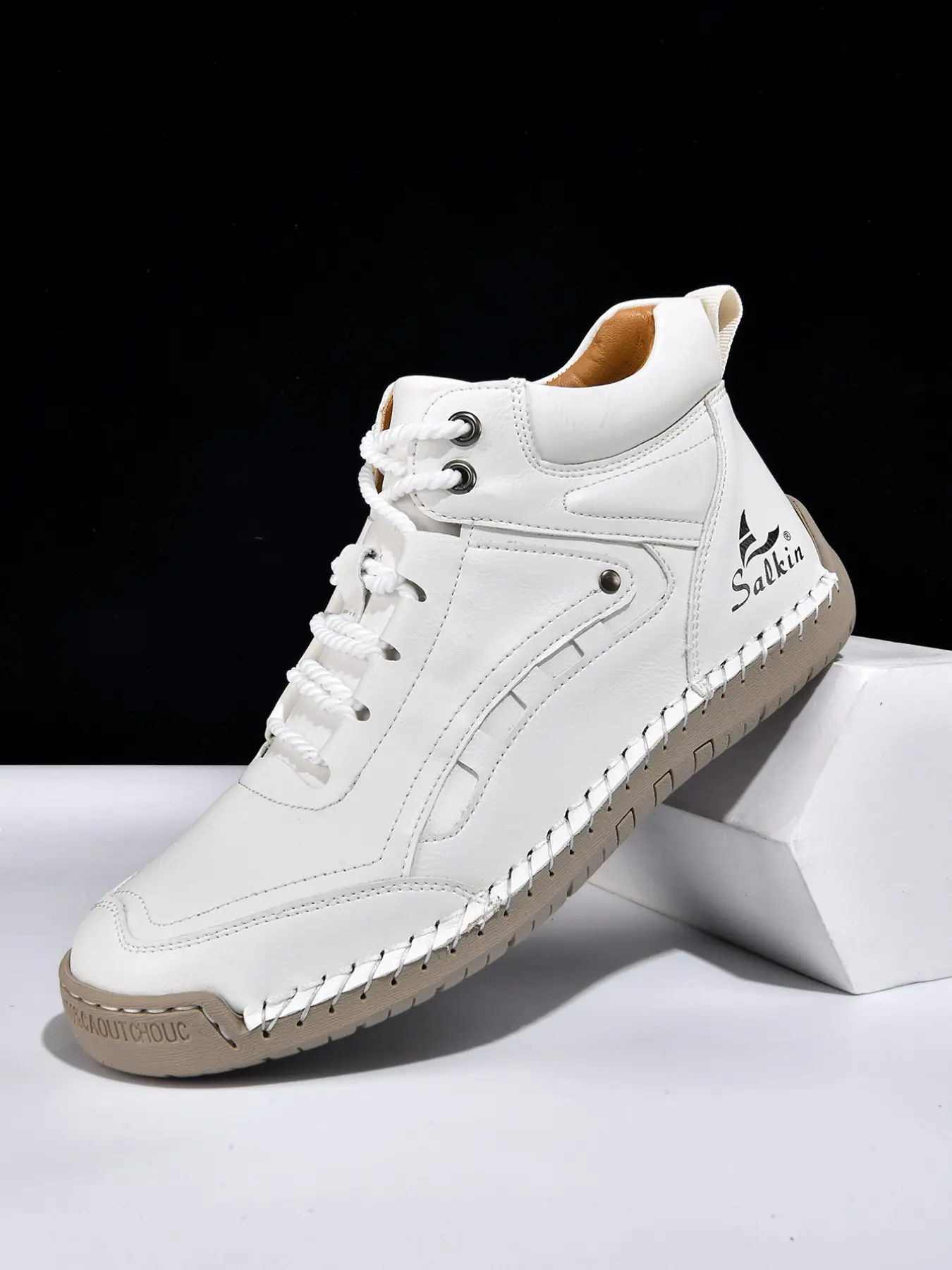 Men's Fashion Casual Shoes, Large Size Hand-Stitched PU Leather High-Top Boots, Outdoor Sports Shoes, Comfortable Soft Sole Anti-Slip, Sneaker, Walking Shoes