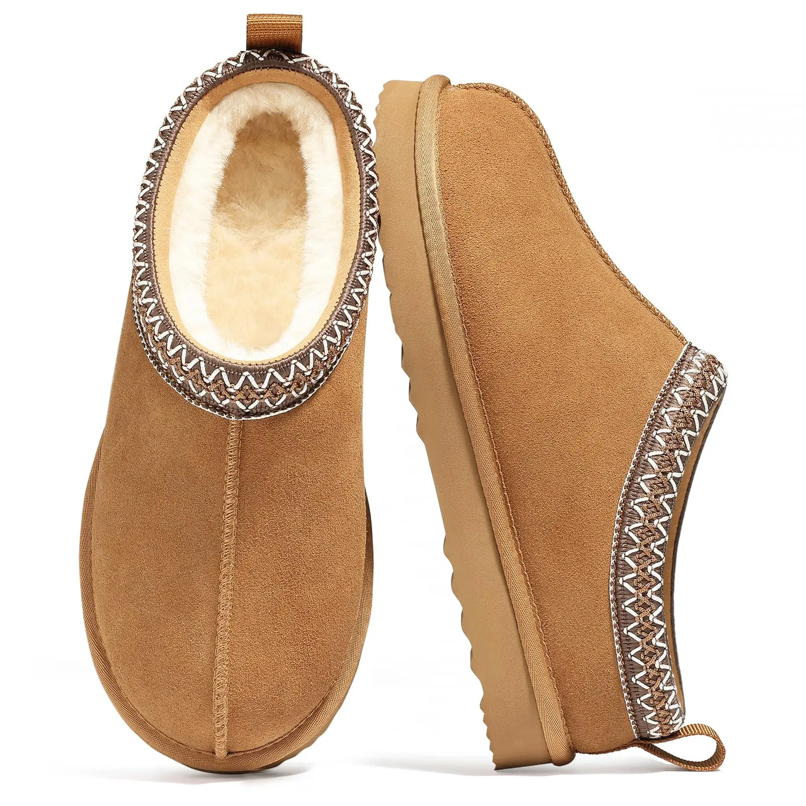 Eyriphy Women's Genuine Suede Fuzzy Slippers Short Ankle Warm House Shoes Cozy Mini Boots For Indoor Outdoor Cute Fluffy Clogs With Thick Plush Sheepskin