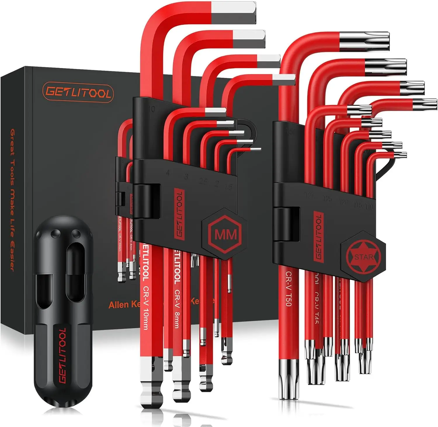 GETLITOOL 18PCS Allen Key Set, Cr-V Allen Wrench Set with T-Handle, Ball & Torx End Hex Key Set 1.5mm-10mm & T10-T50 with Size-marked & Storage Bracke
