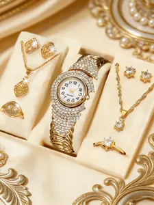 Women Luxury Vintage Watch Jewelry Set, High-End Analog Quartz Wristwatch Necklace Earrings Ring, Perfect Gift for Valentine's Day Birthday