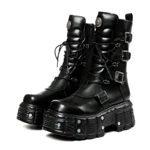 CELNEPHO Womens Mid Calf Boots Round Toe Platform Heel Metal Buckle Side Zipper Lace Up Thick Sole Goth Jennifers Body Boots Chic Riverts Party Casual Work Motorcycle Combat Shoes