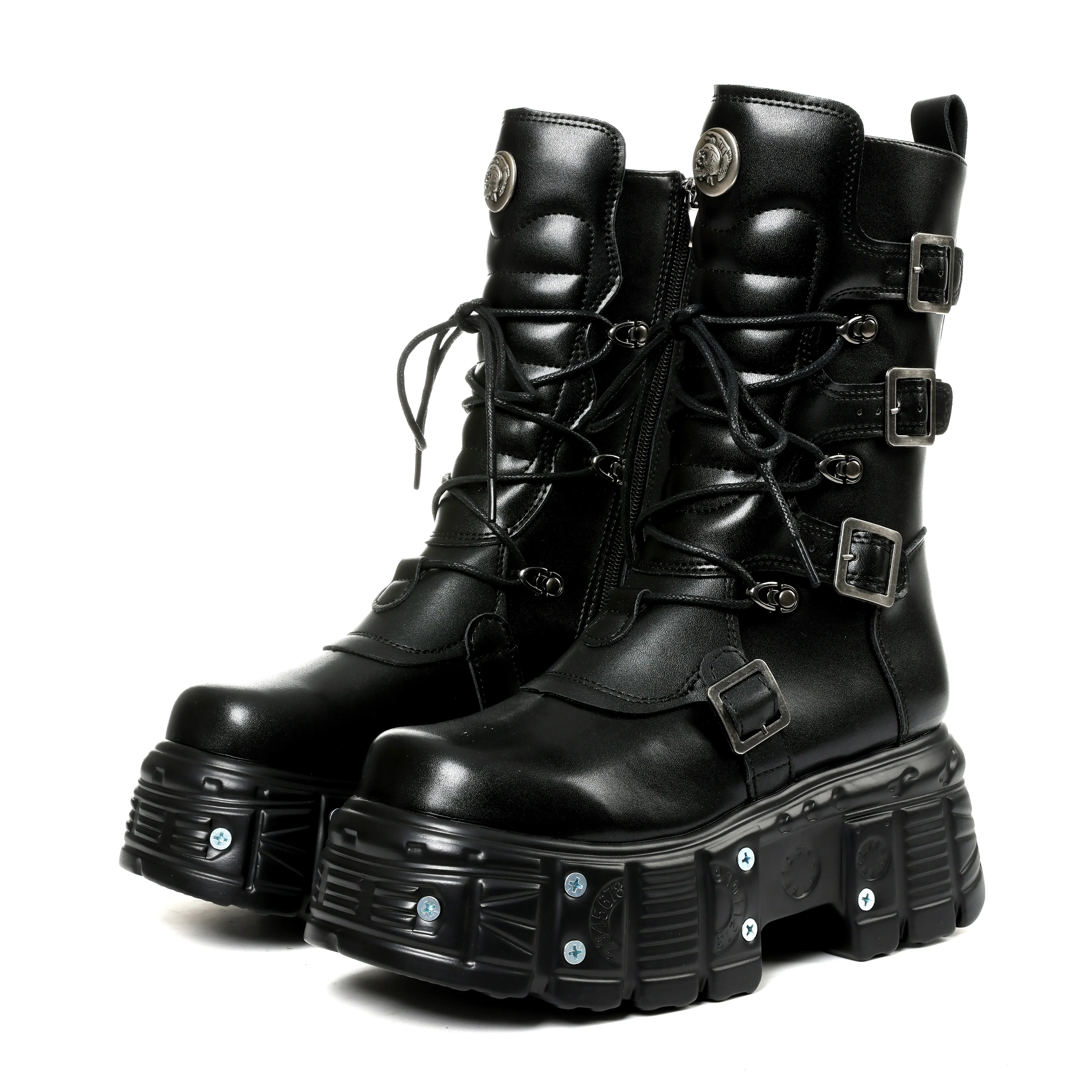 CELNEPHO Womens Mid Calf Boots Round Toe Platform Heel Metal Buckle Side Zipper Lace Up Thick Sole Goth Jennifers Body Boots Chic Riverts Party Casual Work Motorcycle Combat Shoes Black Footwear