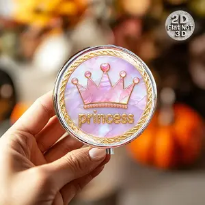 Princess Crown Pill Case, Iridescent Compact Travel Pill Box with Mirror, Double Compartment Jewelry Organizer, Gift for Women, Girls