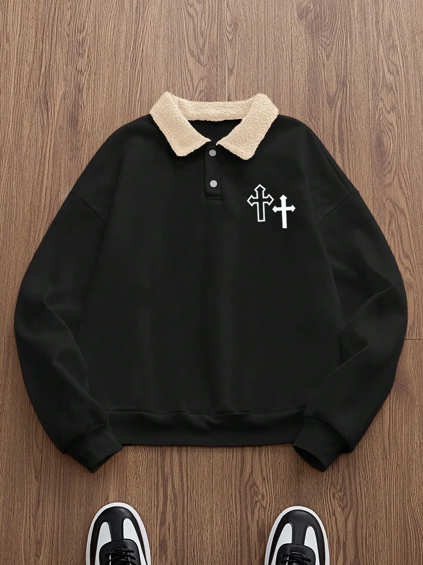 Oversized Double Cross Christian Polo Sweatshirt Pullover | Retro Sherpa Collar Embroidered Graphic Top, Soft Fleece Fabric for Church Gatherings/Street Style, Relaxed Fit & Trendy Tone Garment