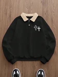 Oversized Double Cross Christian Polo Sweatshirt | Retro Sherpa Collar Embroidered Graphic Top, Soft Fleece Fabric for Church Gatherings/Street Style, Relaxed Fit & Trendy Tone