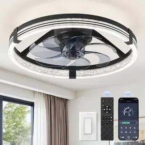 Low Profile Flush Mount Modern Ceiling Fans with Lights, 20" LED Ceiling Fan with Remote Control, Stepless Dimmable 3 Colors and 6 Speeds, Black
