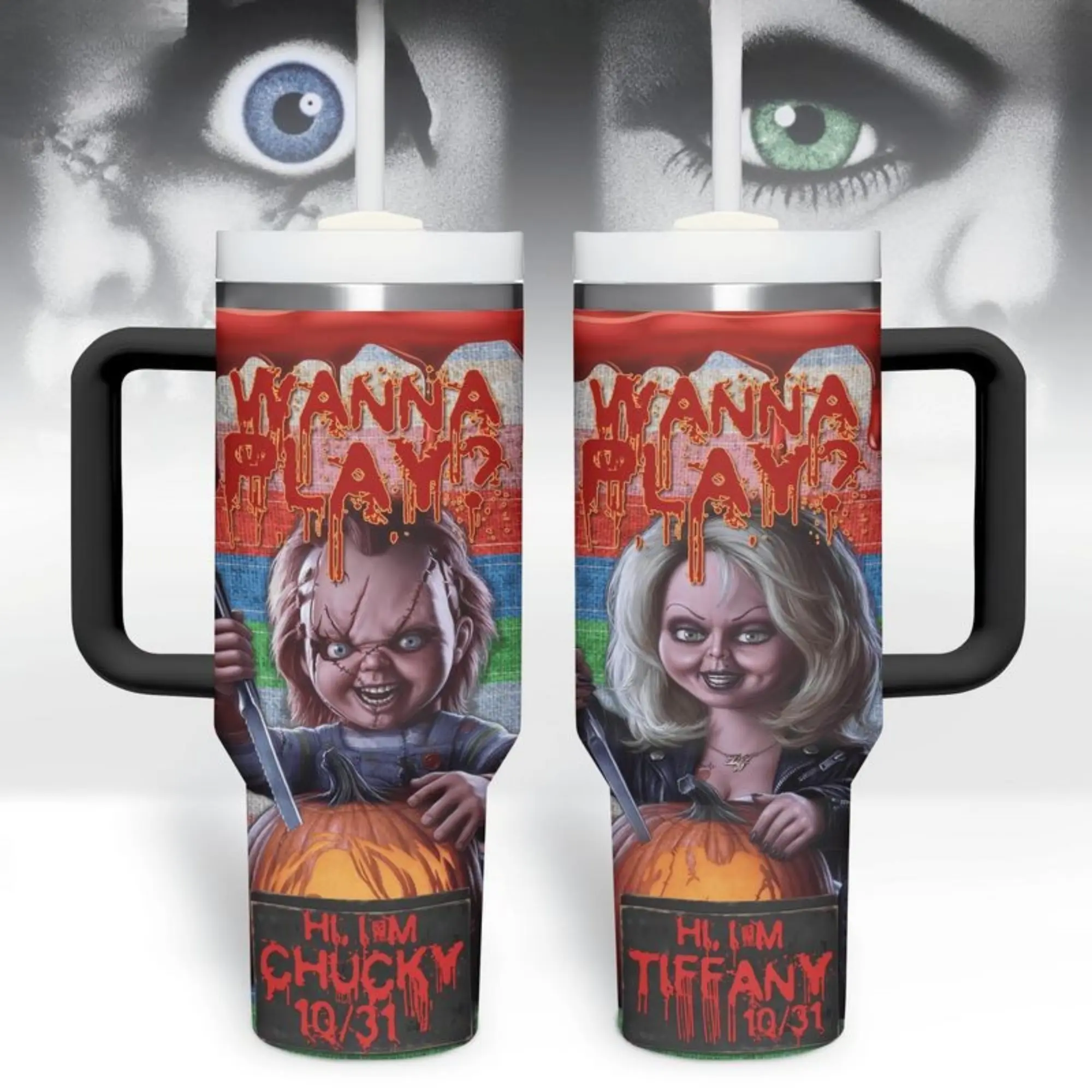 Chucky and Tiffany Wanna Play 40oz Tumbler with Handle and Straw, K*ller Doll Horror Movie Travel Cup, Halloween Pumpkin Bloody Couple Design, Scary Slasher Fan Gift, Insulated Stainless Steel Mug, Gothic Horror Drinkware