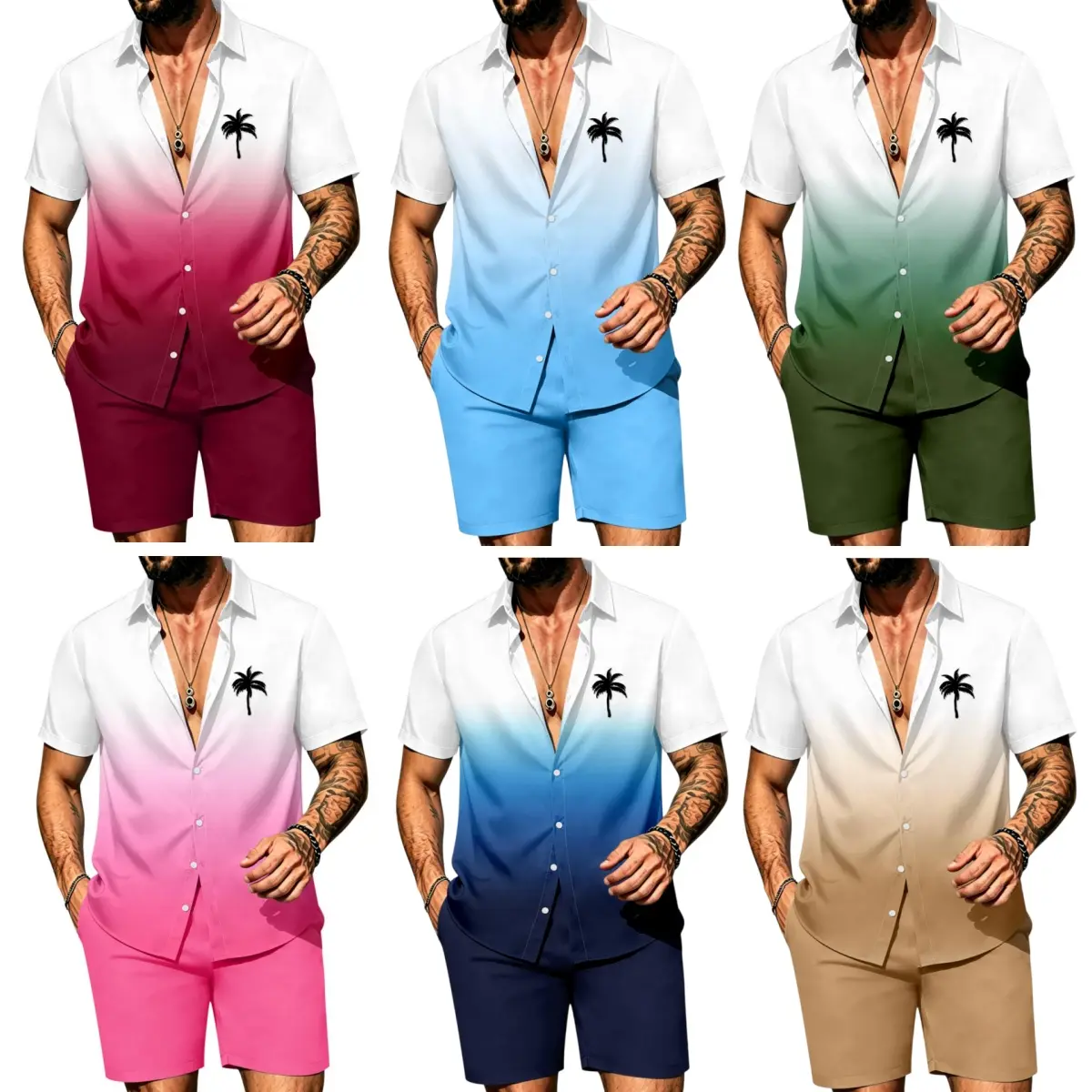 Men's 2 Piece Hawaiian Outfit, Short Sleeve Button Down Shirt and Drawstring Shorts Set, Gradient Beach Vacation Matching Set, Lightweight Breathable Quick Dry Summer Resort Wear for Cruise, Holiday, Pool Party and Casual Outings