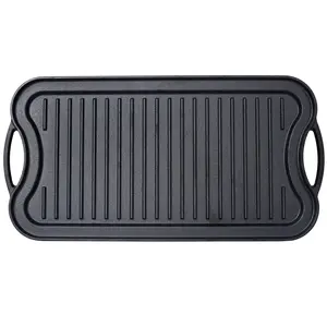 Pre-Seasoned Cast Iron Reversible Rectangular Grill/Griddle, Black, 20inch x 10inch, steak grilling, kitchen cooking supplies, cookware, multi-purpose grill pan, picnic tools