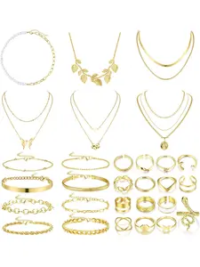 29Pcs Gold Jewelry Sets Rings Bracelets for Women Layered Necklace Knuckle Rings Chain Bracelets Gold Jewelry for Anniversary Birthday Gift