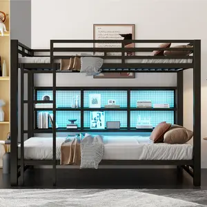 Queen over Queen Metal Bunk Bed with Storage Bookcase Cabinets and LED Light, Heavy-duty Metal Bunk Bed Frame, Noise Free, Black