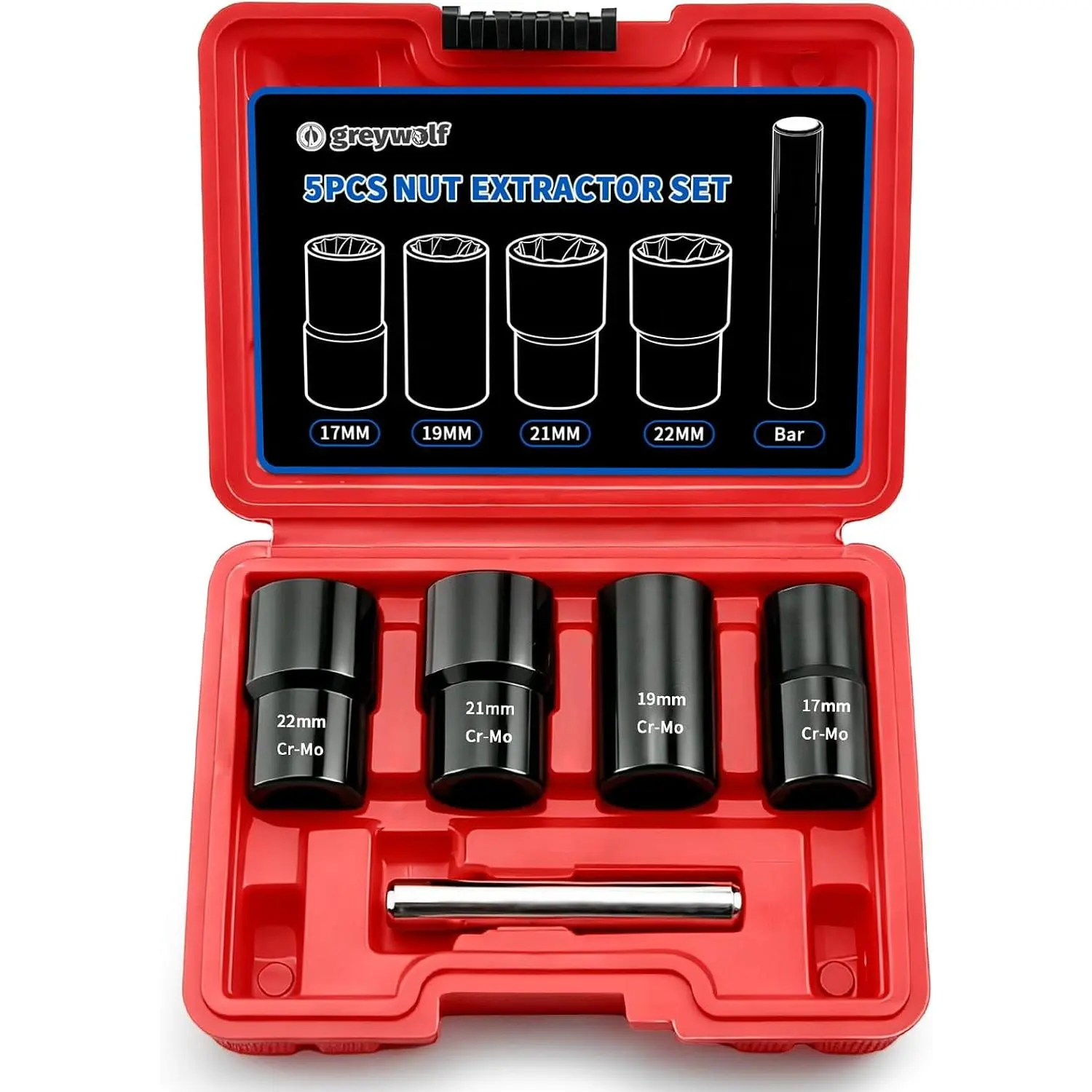 5 pcs Wheel Nut Removal Tool Set, 1/2 Inch Set and Bolt Extractor Set, Wheel Lock Removal Kit, Set for Damaged, Frozen, Rusted Round, Metric 17-22mm