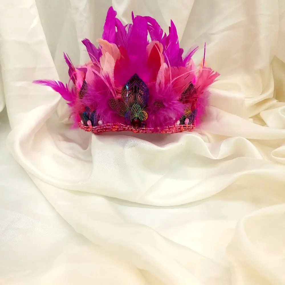 Pink PRINCESS Feather Crown with Colorful Feathers and Decorative Elements, Featuring Purple and Pink Accents, Ideal for Parties and Events