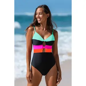 Popvil Colorblock Front Twist One Piece Swimsuit, Tummy Control Bathing Suit, Slimming One Piece Swimwear for Beach & Vacation