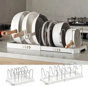 2 Pack Pots and Pans Organizer Under Cabinet, 22" Expandable Food Storage Container Lid Organizers with 7 Adjustable Dividers Pot and Pan Lid Holders Rack Inside Cabinet/Countertop(White/Grey)