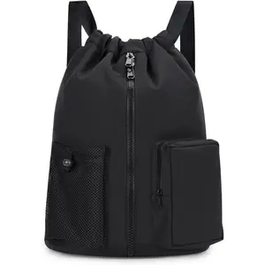 Drawstring Backpack  Gym Bag with Shoes Compartment, Water-Resistant String Beach Sackpack Swim Bag for Women and Men (Black)