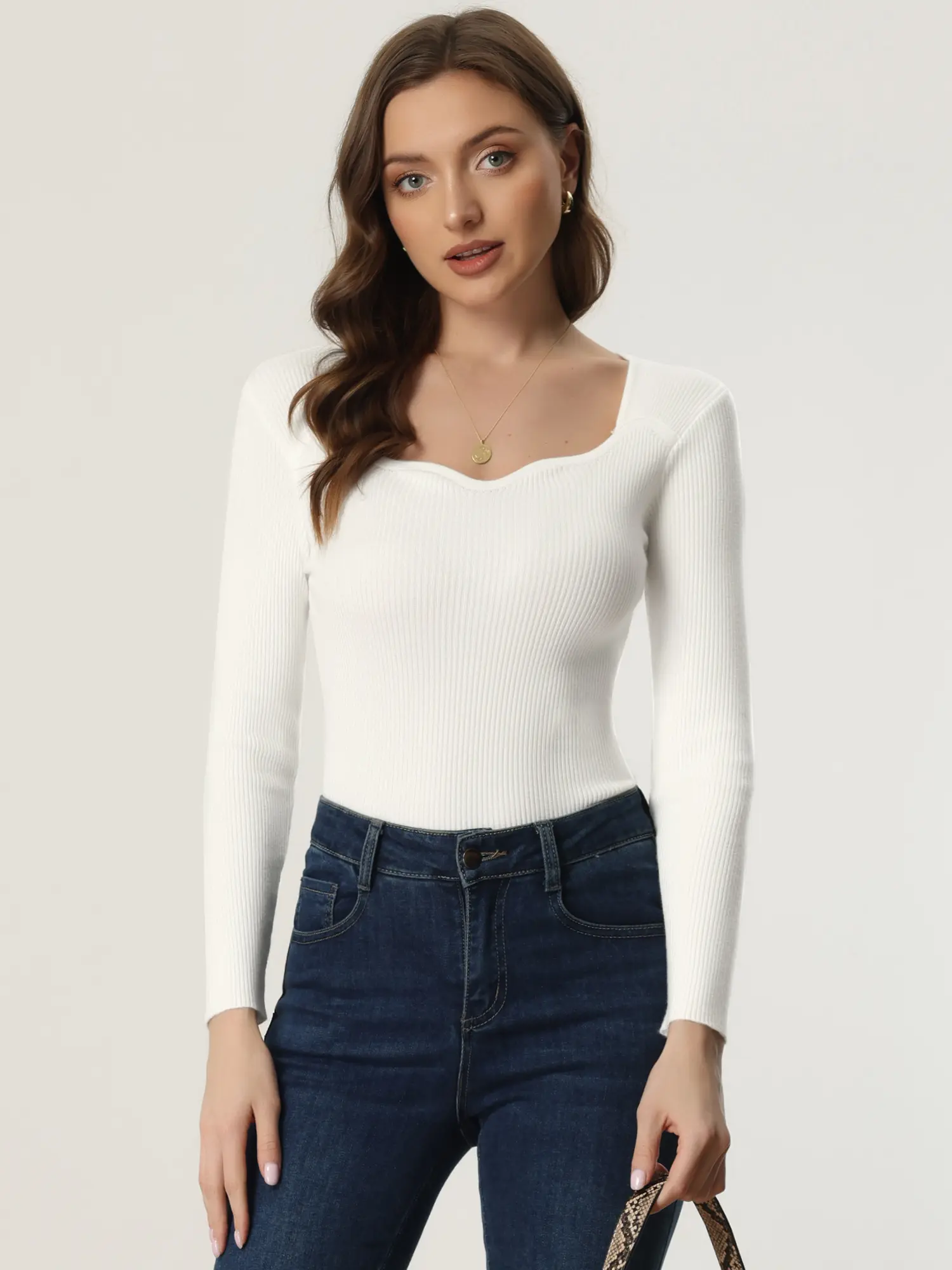INSPIRE CHIC Women's Casual Sweetheart Neck Sweater Long Sleeve Top Slim Fit Pullover Sweater
