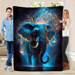 1Pc Cozy Elephant Print Flannel Blanket - Soft, Warm & Tear-Resistant - Vibrant Blue Elephant Design With Magical Forest Scene - Perfect Gift For Friends & Family - Ideal For Napping, Camping, Travel & Home Decor, Elephant