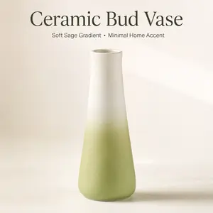 Matte Green Ceramic Bud Vase, Small Minimalist Vase for Flowers, Modern Room Decor, Shelf & Table Decoration