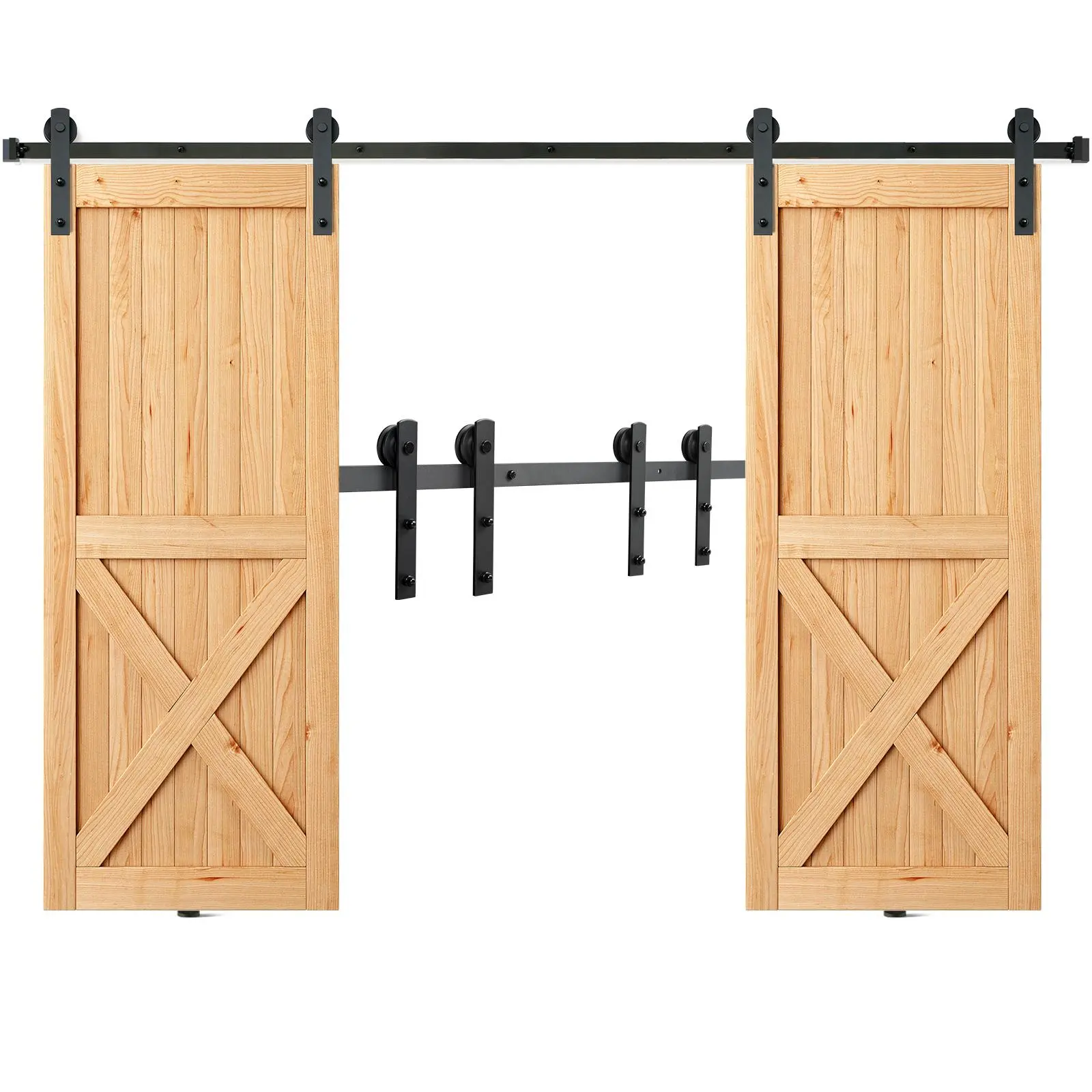 【summerfinds】VEVOR 8FT Sliding Barn Door Hardware Kit, 330LBS Heavy Duty Barn Door Track Kit for Double Doors, Fit 3.7-4.3FT Total Wide and 1.3"-1.8" Thick 2 Door Panel, with Smooth & Silent Pulley (I Shape)