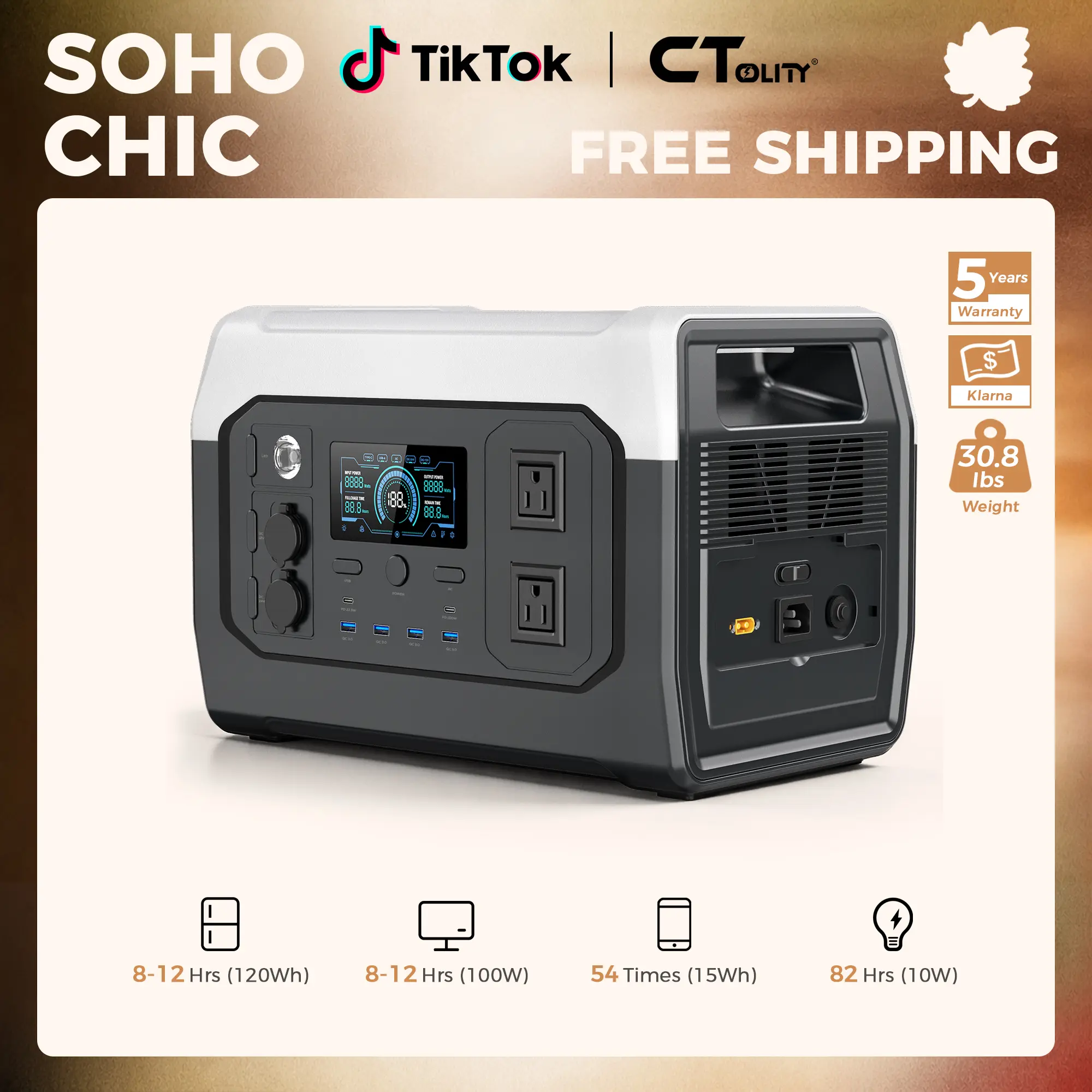 [SohoChic] CTOLITY XP1000 1800W Portable Solar Power Station - 1024Wh LiFePO4 Portable Battery Powered Generator, 1.2H Fast Charge, Rechargeable Battery Life, LED Lights, USB-A Ports, Home Prep, Camping Essentials, TiktokShopStockup