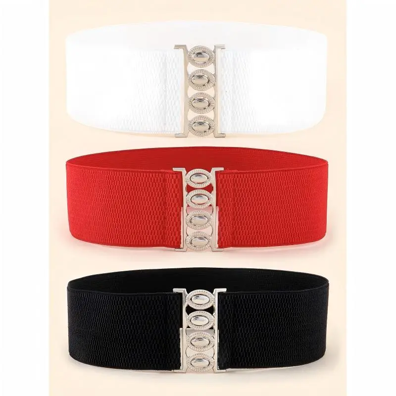 3 Pcs Wide Elastic Waist Belt for Women – Stretchy Cinch Belt with Silver Buckle, Vintage Waspie Corset Belt for Dress Coat, Fashion Waistband Belt Set White Red Black