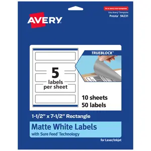 Avery TrueBlock Matte White Paper Labels,  1-1/2" x 7-1/2" Rectangle