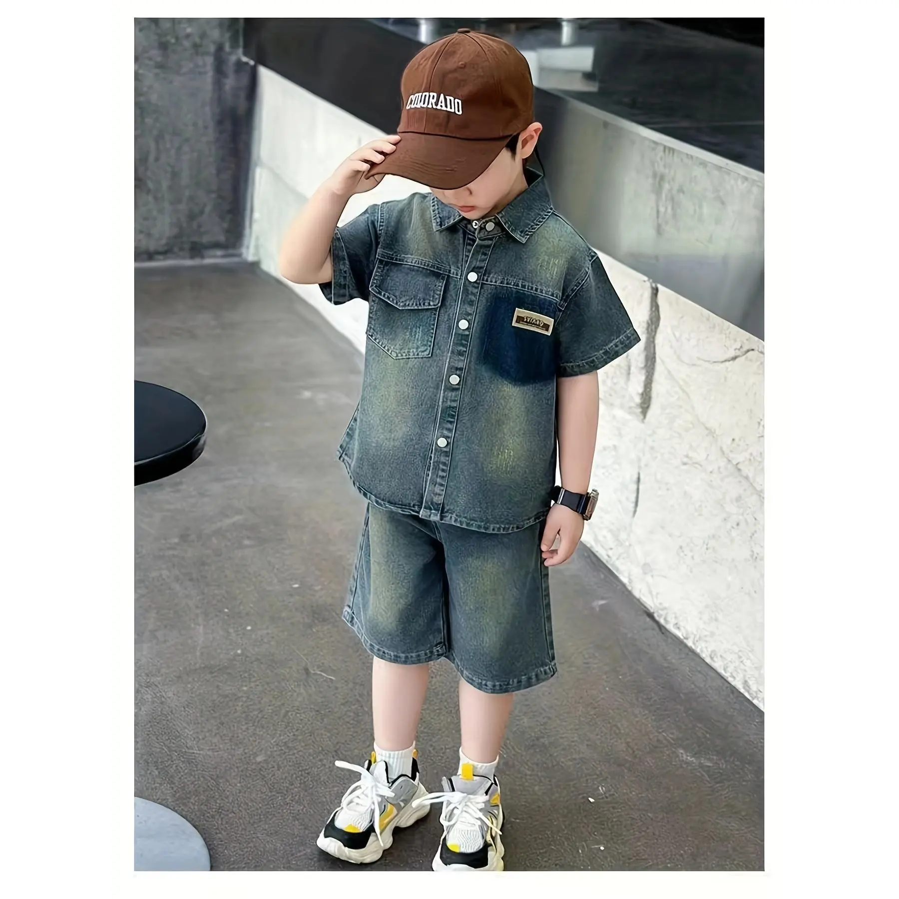 Boys' Summer Pocket Patch Denim Suit 2025 New Fashionable Two-Piece Set Youngsters, Stylish Outfit Youngsters and Preschoolers, Perfect Outdoor