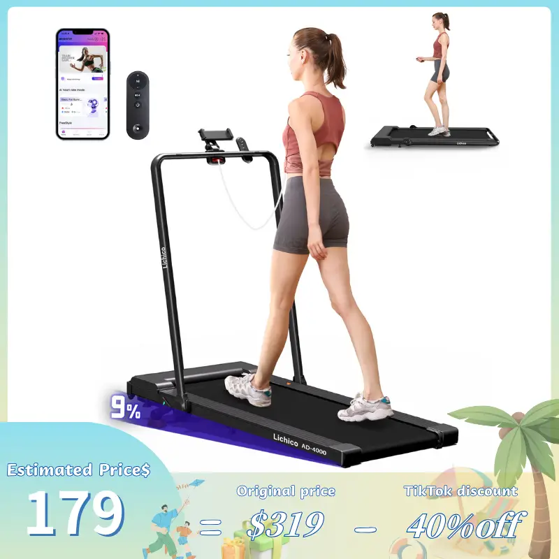 8.7MPH LICHICO Treadmill with 4-Level Incline, Flat/Incline Modes, Remote Control, Quiet Motor, Stable 2-in-1 Running Machine for Home & Office Fitnes