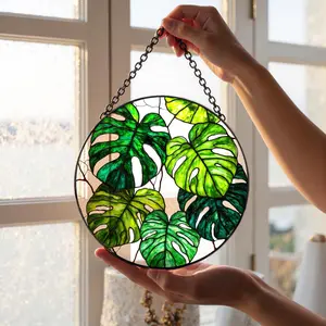 Monstera Glass Suncatcher, Boho Window Hanging, Monstera Plant Lover Gift Home Decor, Plant Mom Gift