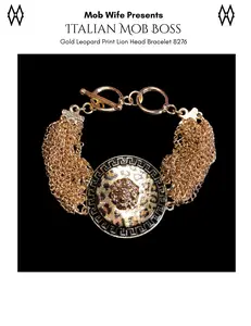 Gold Tone Leopard Print Lion Head Statement Bracelet Layered Chain Toggle Clasp DaVinci