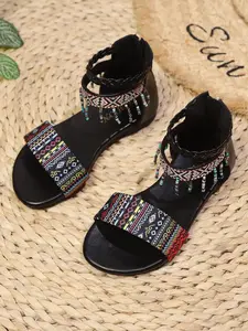 1 Pair Fashionable Children's Bohemian Style Hook And Loop Open Toe Strappy Casual Sandals, Comfortable Durable Beach Design Sandals With Random Beads Color