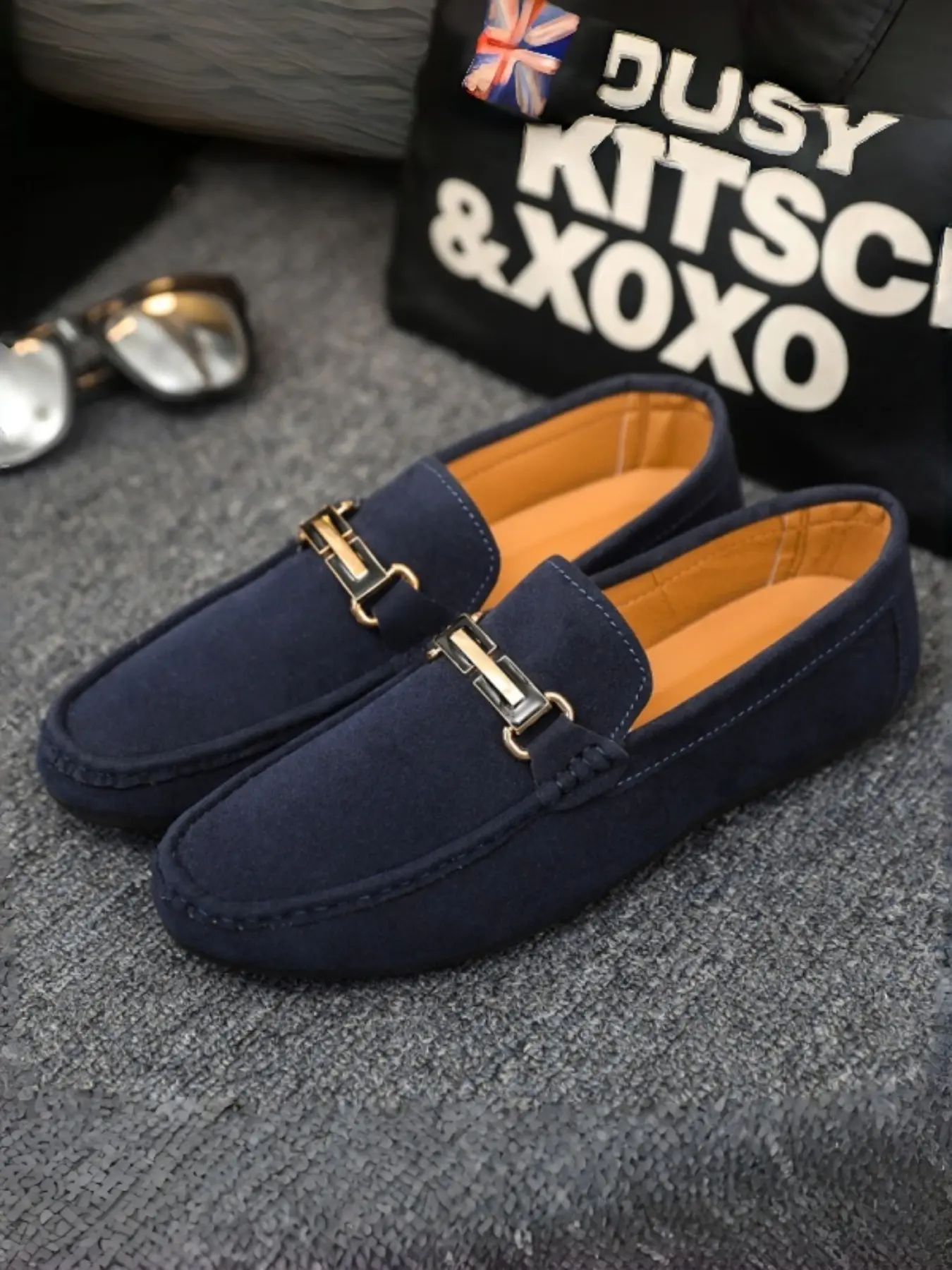 Men's Slip-On Casual Loafers, Streetwear/commute Style, Navy Color with Gold Buckle, Soft Sole Comfortable Flat Shoes
