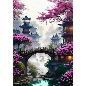 5D DIY Full Drill Round Diamond Painting Kit, Cross Stitch Style, Ancient Architecture Mosaic Canvas, Home Wall Decor, Halloween Christmas Gift