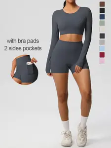 Women's Solid Long Sleeve Crop Top & Skinny Shorts Sports Set, Casual Comfy Breathable Outfits for Yoga Gym Workout Running, Ladies Sportswear for All Seasons