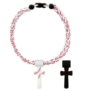 Kids' Tornado Baseball Necklace for Boys 8-12 and Men, Triple-Rope Braided Soft Silicone Cross Charm Necklace with Inspirational PHL4:13 Quote, Casual Summer Jewelry Gift in White & Grey