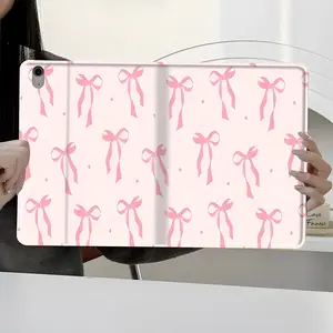 Pink Coquette Bow Pattern Tablet Case with Auto Wake/Sleep, Shockproof Full-Body Protection Book-Style Stand Cover with Pencil Slot, Fits 7.9/8.3/10.2/10.5/10.9/11/12.9/13 Inch Tablets, Durable Case for Home Office School, Ideal Gift for Feminine & Soft