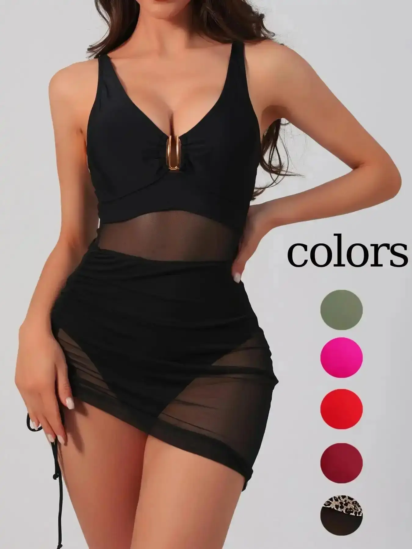 Solid Color Women's Irregular Hem Sheer Mesh Swimsuit, Sexy Fashion Chic One-Piece Swimwear for Beach Holiday Vacation, Ladies Swimsuit for All Seasons, Swim Bodysuit, Vacation Style, Sun Kissed, Trendy Beachwear
