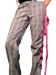 Upcycled Plaid Lace-Up Pants Women's Print Dress Style with Pink Skull & Crossbones Embellishments Gray and Pink Bottoms Hand Wash Only Sustainable Fashion