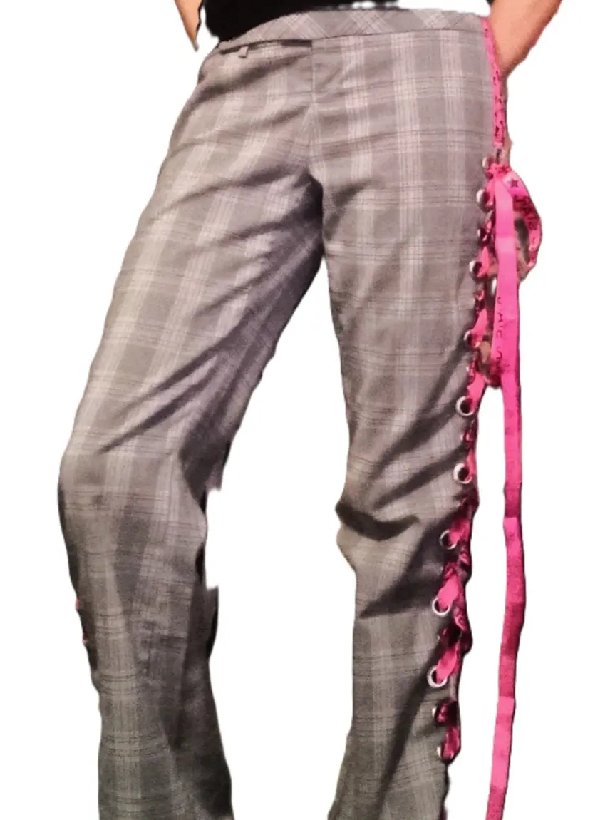 Upcycled Plaid Lace-Up Pants Women's Print Dress Style with Pink Skull & Crossbones Embellishments Gray and Pink Bottoms Hand Wash Only Sustainable Fashion