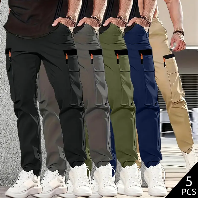Pack of 5 – Men’s multi-pocket cargo pants, solid color straight athletic pants with side flap pockets, elastic waistband design, men’s casual long pants for everyday wear and outdoor travel in all seasons