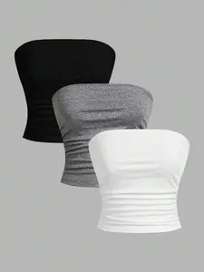 3-Piece Women's Casual Tube Top Set, Summer Breathable Comfortable Backless Tops, Y2K Style Plain Color, Versatile All-Season Fashion