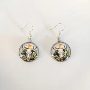#491 Bull Skull with Desert Cacti Sunset Scene Earrings - Stainless Steel Hooks - Casual Western Cactus Jewelry