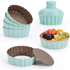 Mini Round Tart Pan with Removable Bottom, Nonstick Mini Pie Pans for Baking, Carbon Steel Quiche Pan Set for Cupcake Muffin Cakes and Desserts, Including 6 Tart Pan and 1 Tart Tamper (Green)