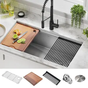 212 MAIN Kraus KWU110-36 Kore Undermount Workstation Sink, 9.5x19x36 in. 16 Gauge Stainless Steel Single Bowl Kitchen Sink with Undermount Install Accessories