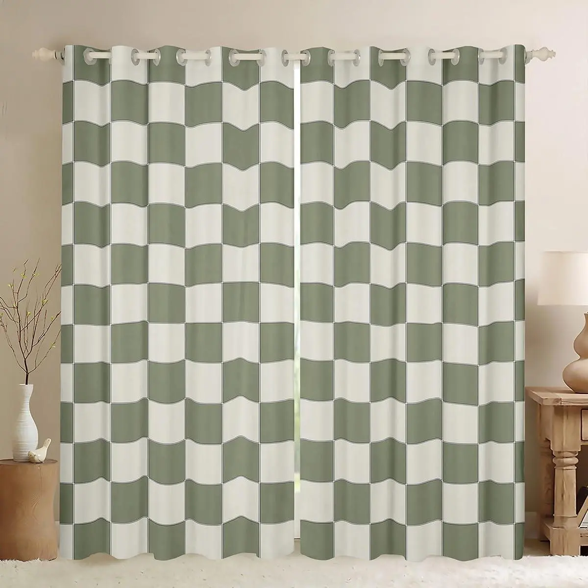 Feelyou Plaid Blackout Room Decor Curtains - 2-Tone Beige and Sage Green Checkerboard Geometric Grid Print, 30%-50% Light Blocking, for Kids' Bedrooms, 2-Tone Curtains, Room Decor Curtain